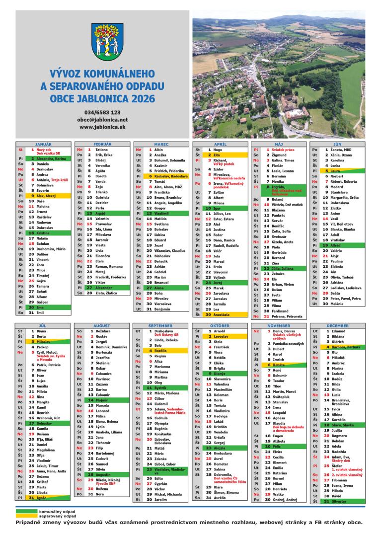 kalendár vývozu odpadov 2026