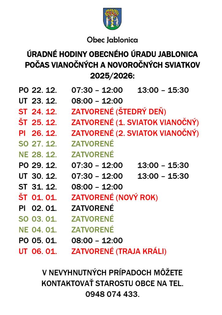 úradné hodiny OcÚ